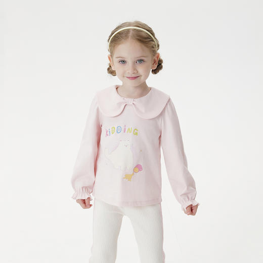 马克珍妮女童可爱蝴蝶领猫咪T恤 宝宝纯棉上衣2025秋装新款551216 商品图1