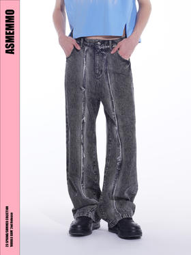 ASMEMMO咦哇•“气泡美式”水洗毛须微喇叭牛仔裤阔腿宽松直筒裤