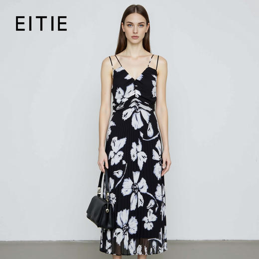 EITIE爱特爱秋新款气质通勤V领印花显瘦连衣裙7907603 商品图0