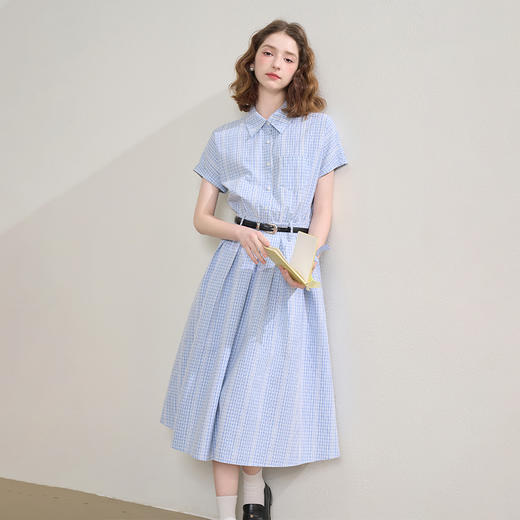 西遇学院风蓝色格纹短袖衬衫连衣裙女秋季收腰百褶长裙V2451101 商品图0