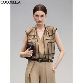 COCOBELLA重磅缎面印花无袖衬衫夏V领捏褶商务通勤上衣SR3102