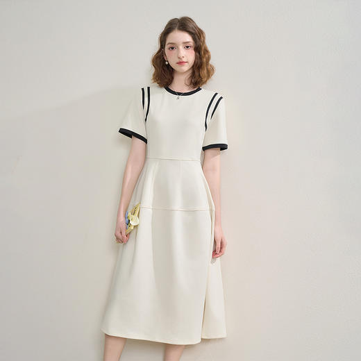 优雅文艺风撞色短袖连衣裙女夏季复古设计感中长裙V1450911 商品图0