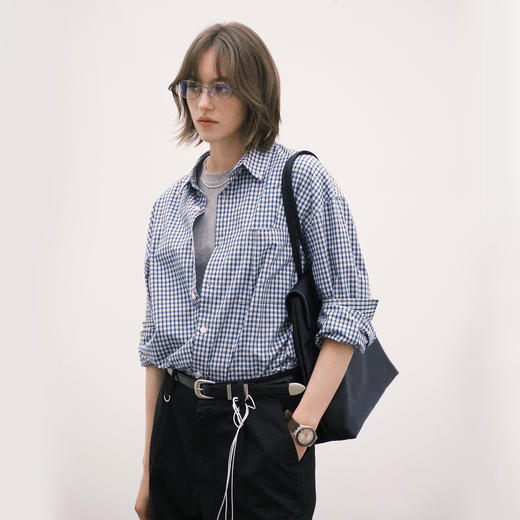 714street蓝色格子微宽松落肩纯棉长袖衬衫男女秋季新款miu系穿搭 商品图1