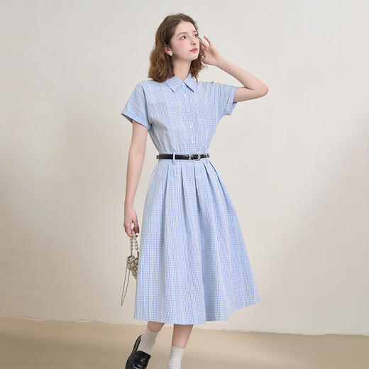 西遇学院风蓝色格纹短袖衬衫连衣裙女秋季收腰百褶长裙V2451101 商品图2
