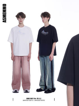 ASMEMMO咦哇•幻像重叠logo印绣花T恤男夏季简约纯色打底短袖潮流