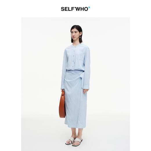 SELFWHO绿绒蒿系列天蓝色衬衫连衣裙女2025秋季新款皱感绑带长裙 商品图1