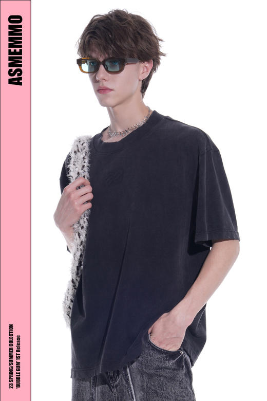 启世录TIWILLTANG“朦灰磨破”水洗黑色潮流T恤圆领打底衫夏季百搭短袖男 商品图5