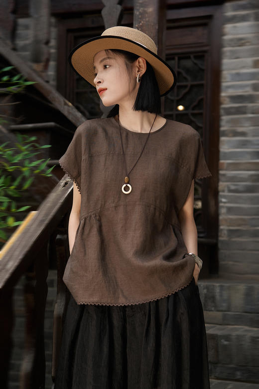 进口苎麻桑蚕丝蕾丝花边上衣小A轻盈麻衫 商品图7