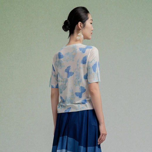 【林栖设计小店】蝴蝶衫轻氧薄绵羊毛衣印花油画衫套头透气早秋新款T恤短袖女G1953324 商品图4