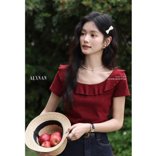 鹿向南「柔光梦境」紫色荷叶边正肩短袖T恤女夏季掐腰设计感上衣 商品图2