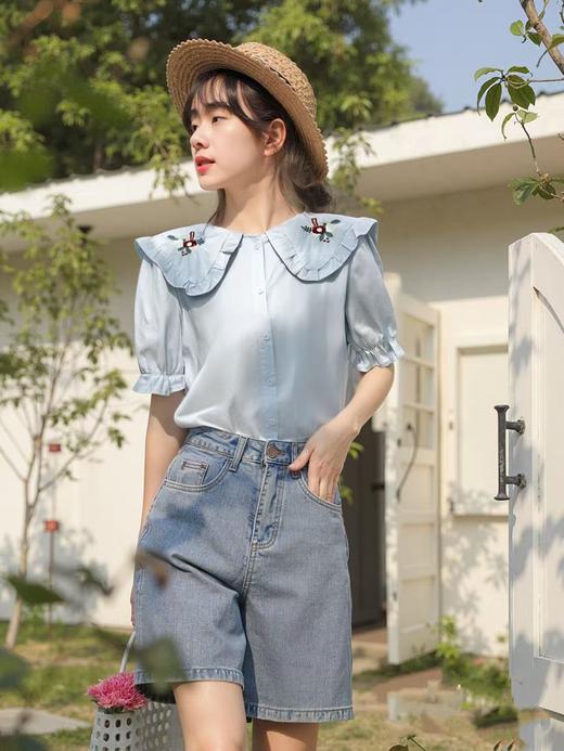 【韩系小衫】9931翻领刺绣花朵棉短袖小衫-喜出 商品图2