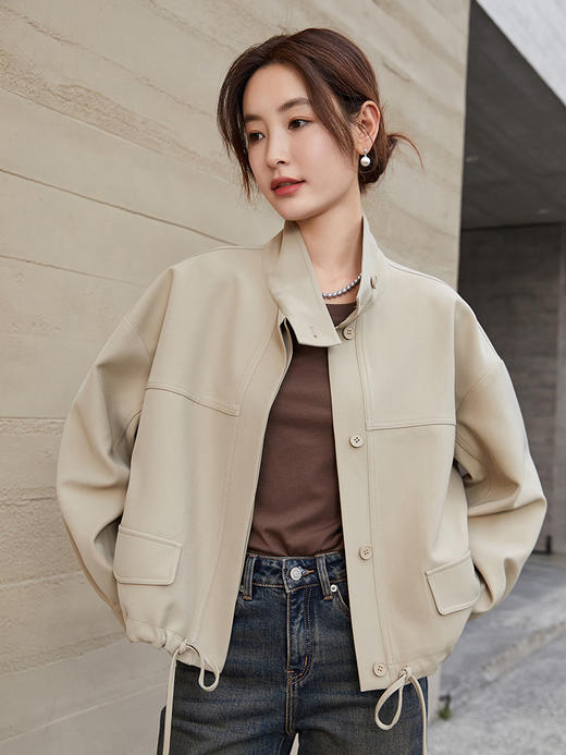简约立领抽绳束口 卡其色休闲短款风衣外套 商品图0