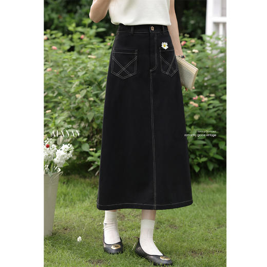鹿向南「月下花眠」黑色高腰半身裙夏季新款时尚显瘦A字裙长裙女L56626 商品图0
