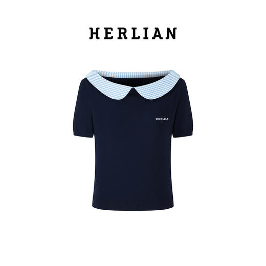 Herlian2025年秋季新品女士格纹拼接一字领针织短袖 商品图4