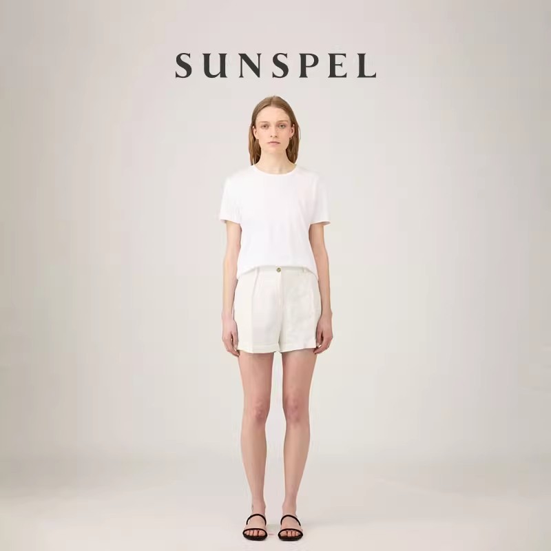【亚麻系列】SUNSPEL 女士春夏白色亚麻短裤时尚度假休闲短裤