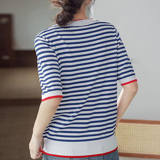 清爽撞色条纹简约针织衫T恤，夏季轻薄凉感短袖上衣 商品图6