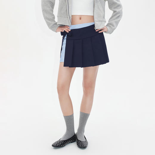 Herlian2025年秋季新品女士假两件格纹拼接不对称设计百褶裙 商品图2