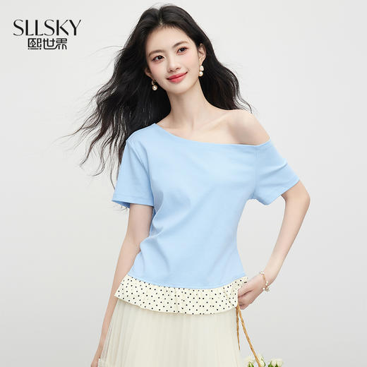 【周末秒杀】熙世界独特设计波点下摆拼接斜肩T恤女短袖夏季特别漂亮掐腰上衣 商品图0