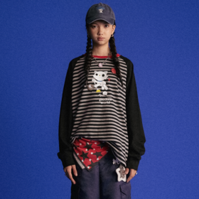 GOODBAI GOODEES 机器小猫logo做旧图案印花撞色oversize长袖T恤