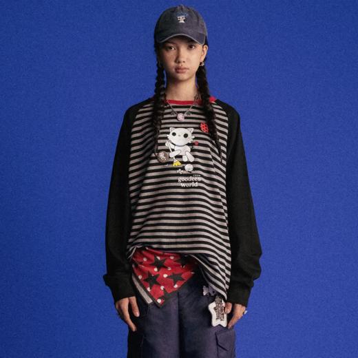 GOODBAI GOODEES 机器小猫logo做旧图案印花撞色oversize长袖T恤 商品图0