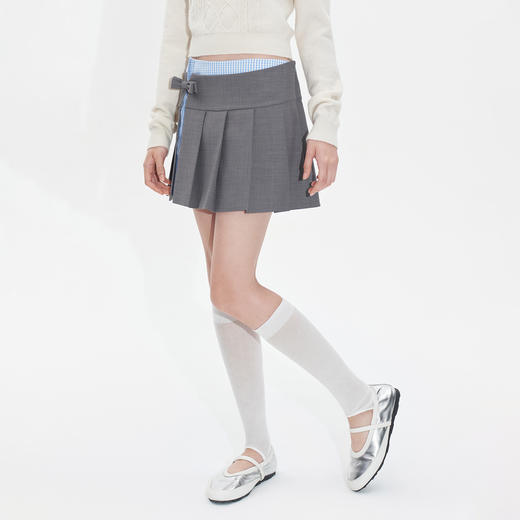 Herlian2025年秋季新品女士假两件格纹拼接不对称设计百褶裙 商品图0