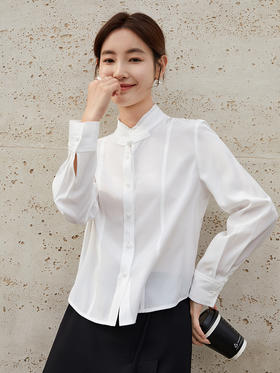 纯欲天花板 白色立领天丝衬衫 微透设计 清新长袖上衣
