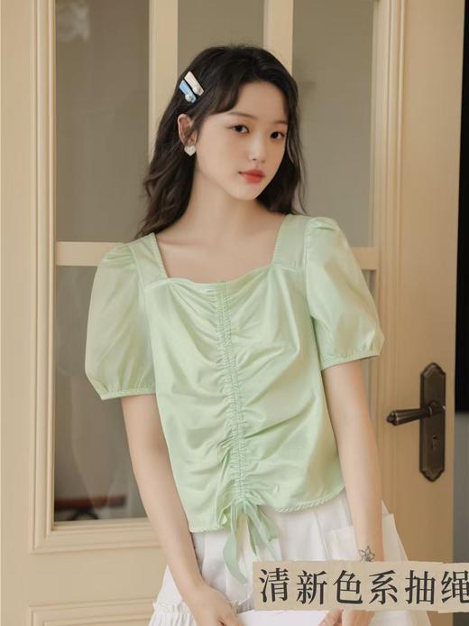 【限八一促】【韩系小衫】（微脏）C01清新绿抽绳褶皱短袖小衫-喜出 商品图0