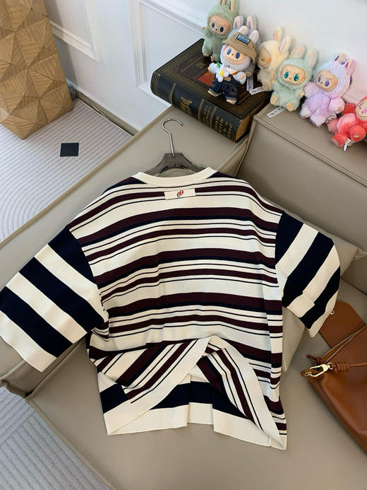 715-3  慵懒不懒散 松弛高级 25早秋 ed拼接条纹 宽松圆领中袖上衣 商品图10