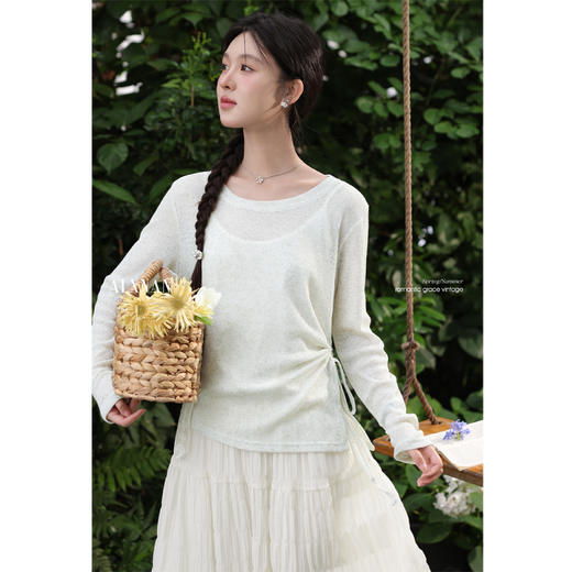 鹿向南「鸽羽拿铁」浅绿色长袖T恤女夏季防晒罩衫设计感抽绳上衣 商品图1