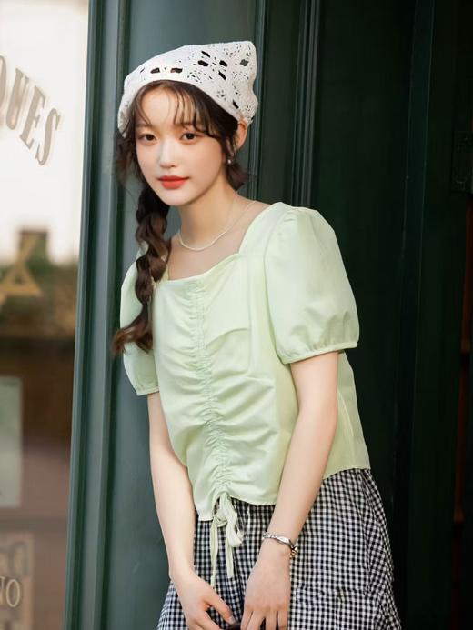 【限八一促】【韩系小衫】（微脏）C01清新绿抽绳褶皱短袖小衫-喜出 商品图2