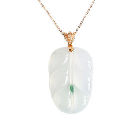 【天然正品】A货翡翠AU750玫瑰金镶钻镶天然细腻冰种金枝玉叶白底飘绿翡翠吊坠项链41.4*22.9*5.7MM（皆取最大值）女士现售价：12800！010725AH32