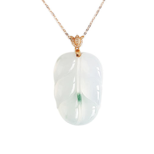 【天然正品】A货翡翠AU750玫瑰金镶钻镶天然细腻冰种金枝玉叶白底飘绿翡翠吊坠项链41.4*22.9*5.7MM（皆取最大值）女士现售价：12800！010725AH32 商品图0