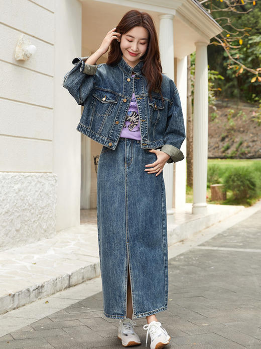 慵懒松弛感～蓝色高腰牛仔半身裙 直筒开叉 中长款 A 字裙 商品图1