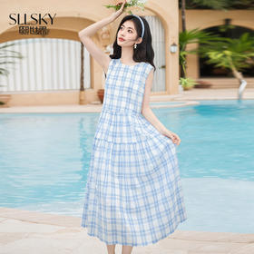 【专属特价】熙世界蓝白格子无袖连衣裙女2025年夏季新款休闲气质圆领背心裙子