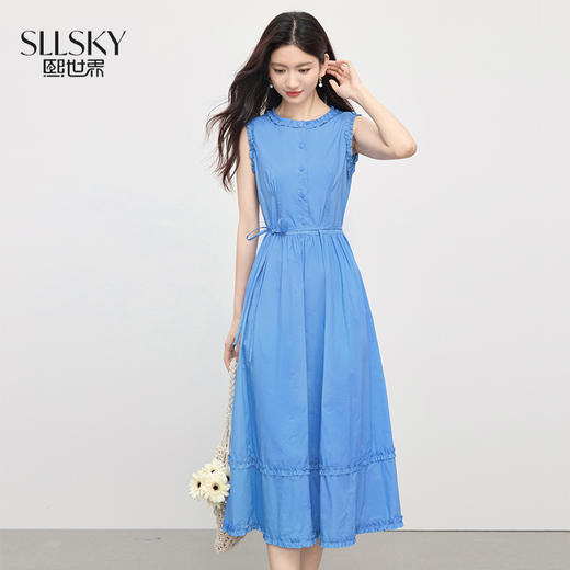 【07/16新品】熙世界100%棉蓝色连衣裙女2025夏季新款木耳边圆领系带收腰背心裙 商品图0