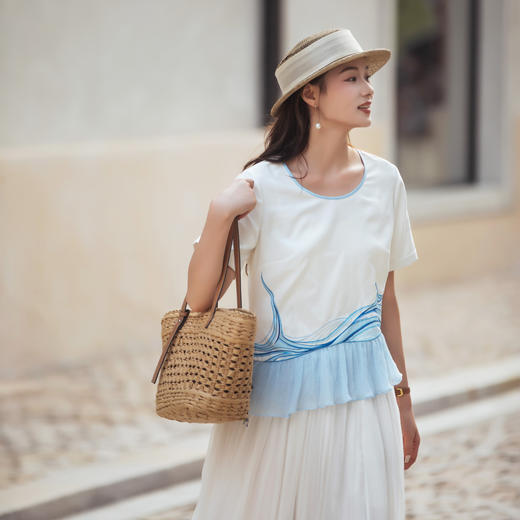 【林栖设计小店】（现货）【林栖推荐】蓝色海浪夏季新款白色T恤N1953213 商品图8