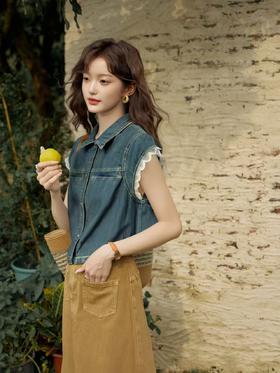 【时装系列】ME TOWN'S （三季可穿）E3199可抽绳100%棉翻领蕾丝袖软料牛仔马甲M1-2-喜出