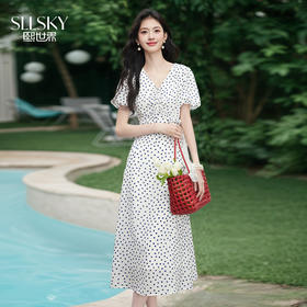 【07/16新品】熙世界蓝色花朵碎花V领连衣裙女士夏日气质泡泡袖收腰法式茶歇裙