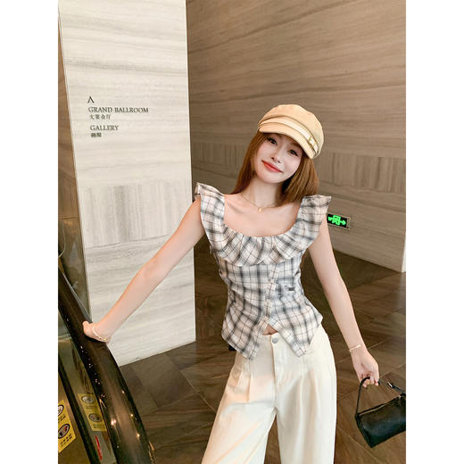 <曾小咸推荐>3.29现货秒杀！微信超特价！韩系一字肩排扣开叉格子衬衫 日常119.99 立减60 秒杀59.99！ 商品图1