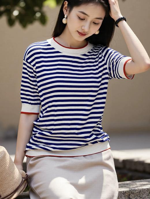 清爽撞色条纹简约针织衫T恤，夏季轻薄凉感短袖上衣 商品图0