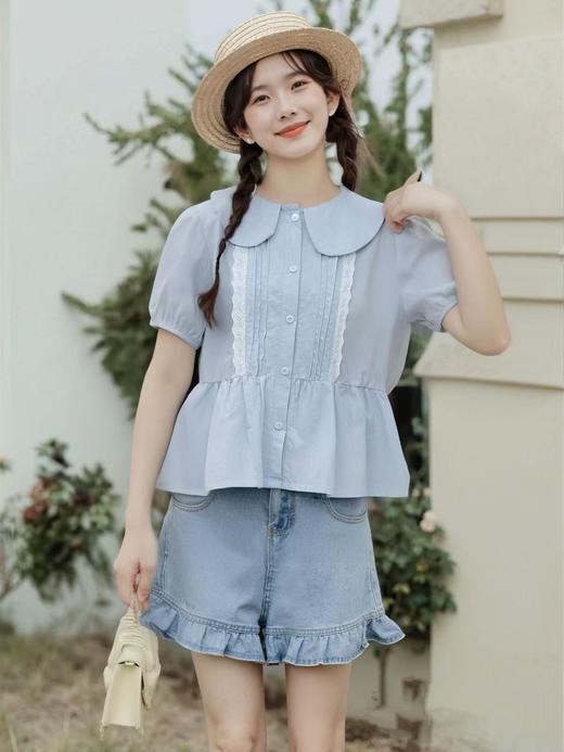 夏季最后清仓【韩系小衫】棉25068娃娃领拼蕾丝短袖小衫-喜出 商品图2