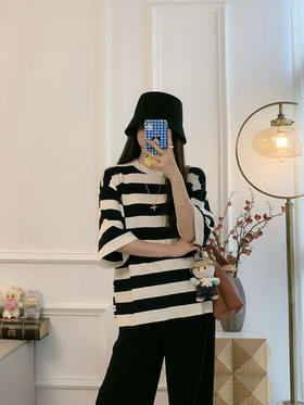 715-3  慵懒不懒散 松弛高级 25早秋 ed拼接条纹 宽松圆领中袖上衣