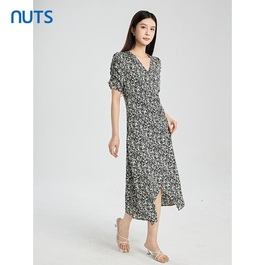 NUTS商场同款夏季V领气质时尚高腰V领碎花短袖连衣裙422101065 商品图3