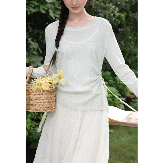 鹿向南「鸽羽拿铁」浅绿色长袖T恤女夏季防晒罩衫设计感抽绳上衣 商品图2