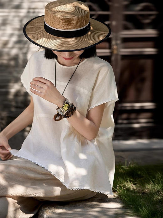 进口苎麻桑蚕丝蕾丝花边上衣小A轻盈麻衫 商品图0