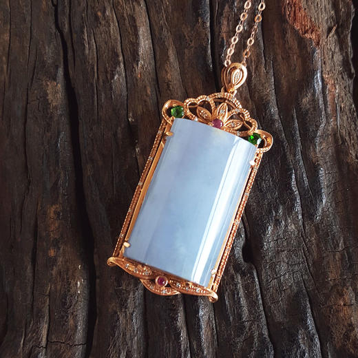 【天然正品】A货翡翠AU750玫瑰金镶钻镶天然细腻糯种平安无事牌紫罗兰翡翠吊坠项链41.5*19.2*10.0MM（皆取最大值）女士现售价：5880！020725AH17 商品图6