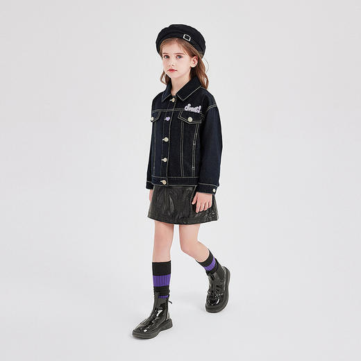 笛莎Deesha 童装女童外套2025秋新款女童宽松翻领字母标撞色装饰牛仔外套 商品图2