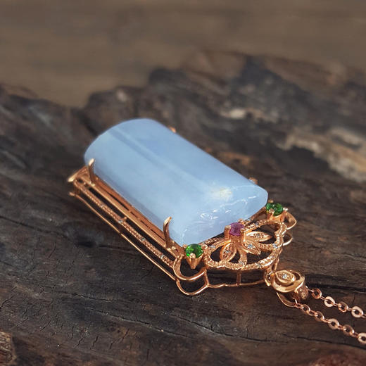 【天然正品】A货翡翠AU750玫瑰金镶钻镶天然细腻糯种平安无事牌紫罗兰翡翠吊坠项链41.5*19.2*10.0MM（皆取最大值）女士现售价：5880！020725AH17 商品图7