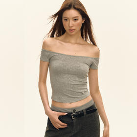 Ariseism 美式辣妹短款烫钻一字肩短袖t恤女夏季新款紧身露肩上衣