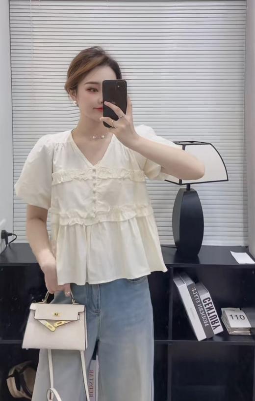 【韩系小衫】棉质25089横条花边套头短袖小衫-喜出 商品图1